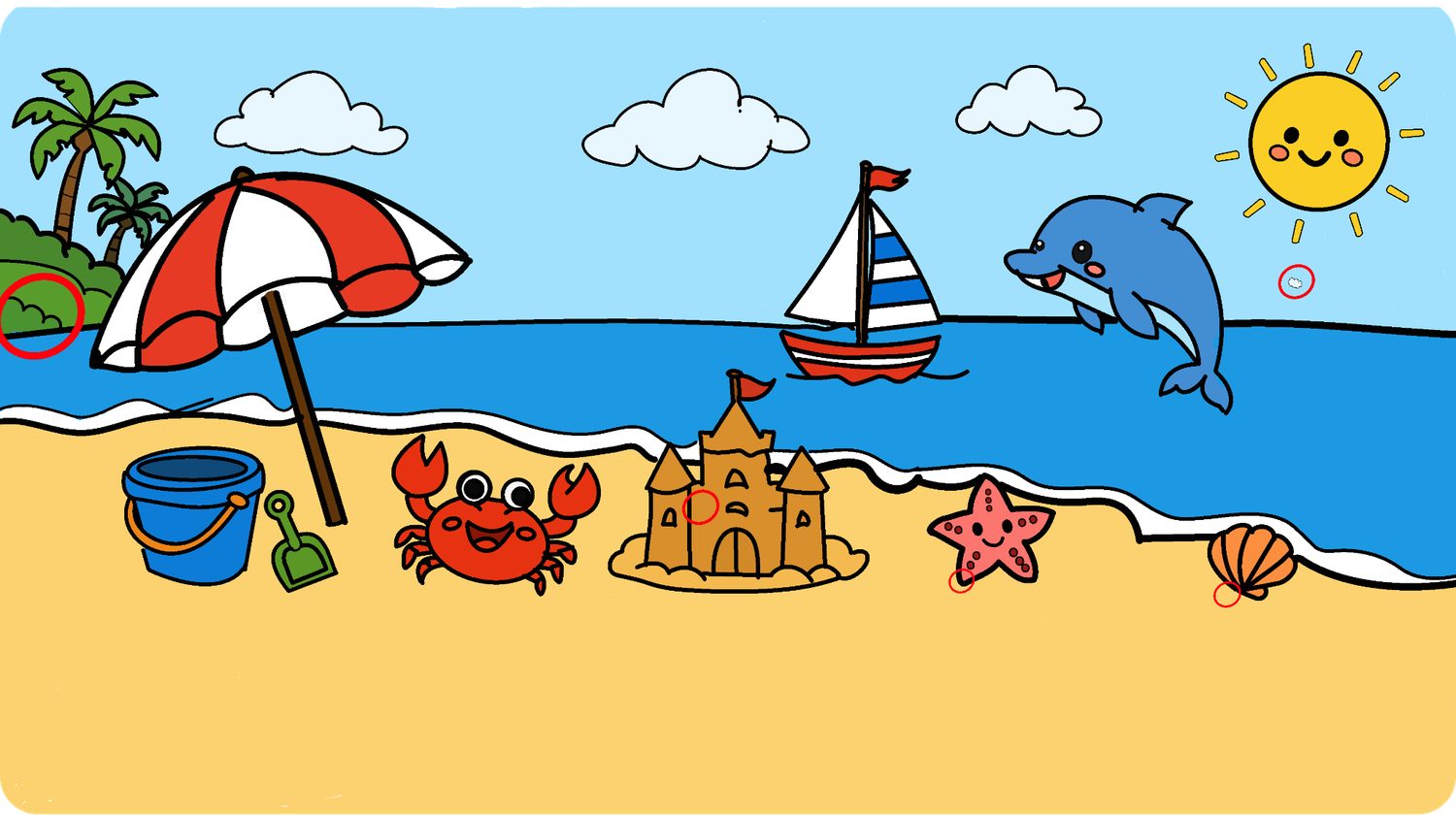 At the Beach puzzle solution — spot the difference circled