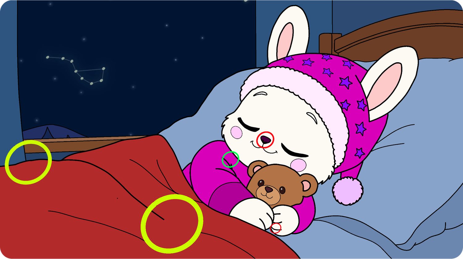 Bedtime puzzle solution — spot the difference circled