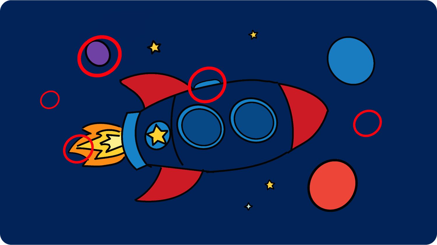 Space Rocket puzzle solution — spot the difference circled